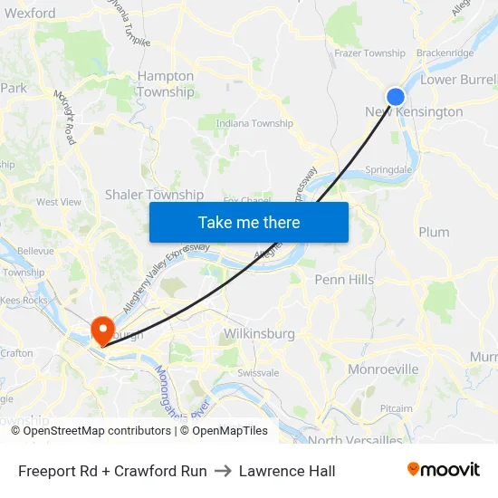 Freeport Rd + Crawford Run to Lawrence Hall map