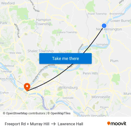 Freeport Rd + Murray Hill to Lawrence Hall map
