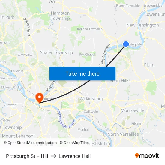 Pittsburgh St + Hill to Lawrence Hall map