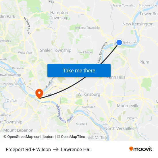 Freeport Rd + Wilson to Lawrence Hall map