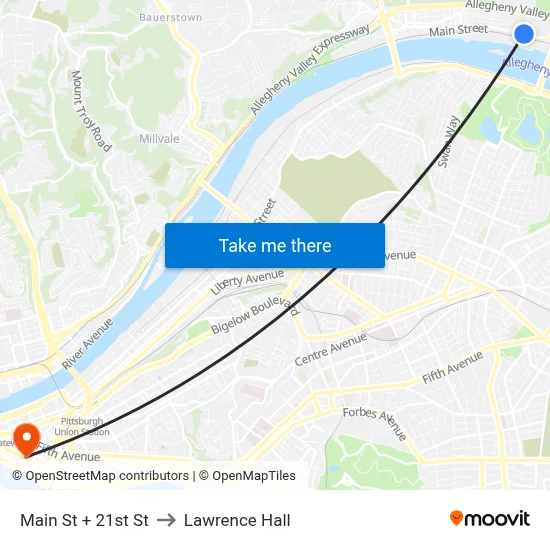 Main St + 21st St to Lawrence Hall map