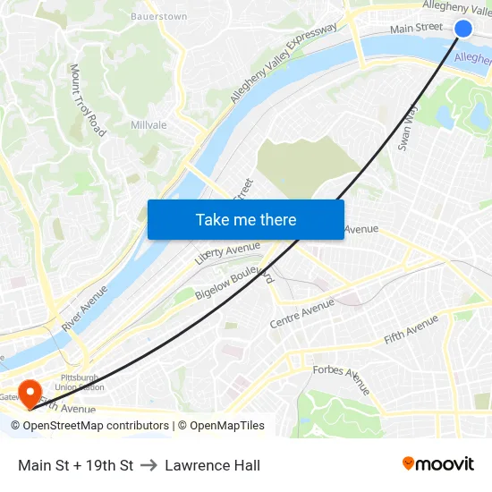 Main St + 19th St to Lawrence Hall map