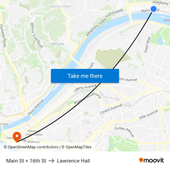 Main St + 16th St to Lawrence Hall map