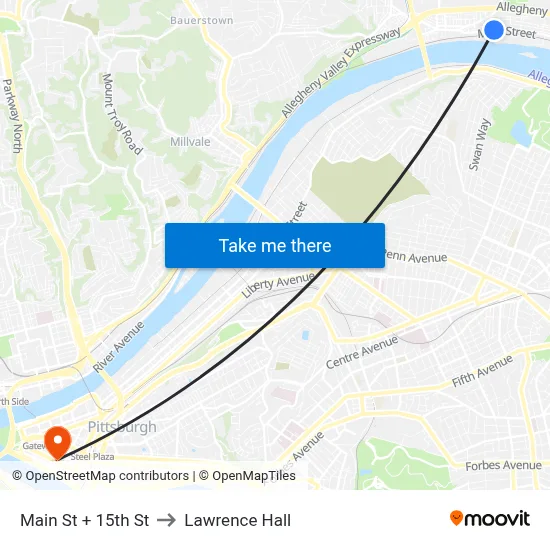 Main St + 15th St to Lawrence Hall map