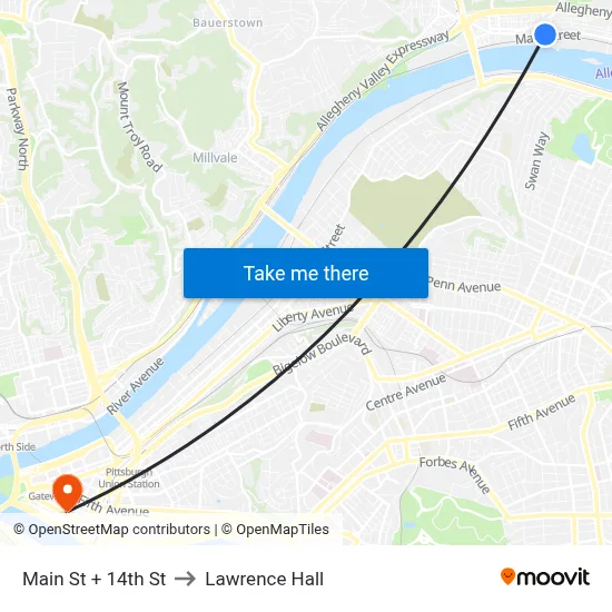 Main St + 14th St to Lawrence Hall map