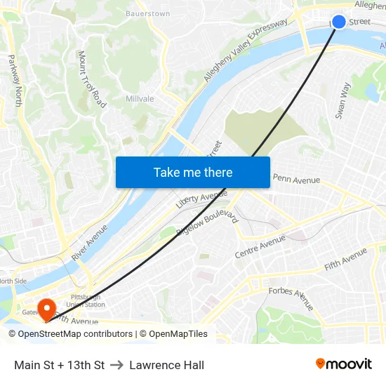 Main St + 13th St to Lawrence Hall map