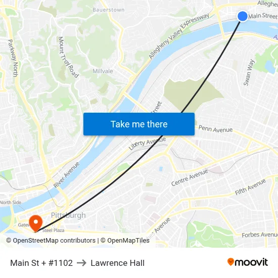 Main St + #1102 to Lawrence Hall map