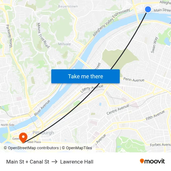 Main St + Canal St to Lawrence Hall map