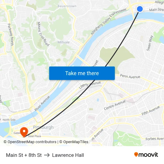 Main St + 8th St to Lawrence Hall map