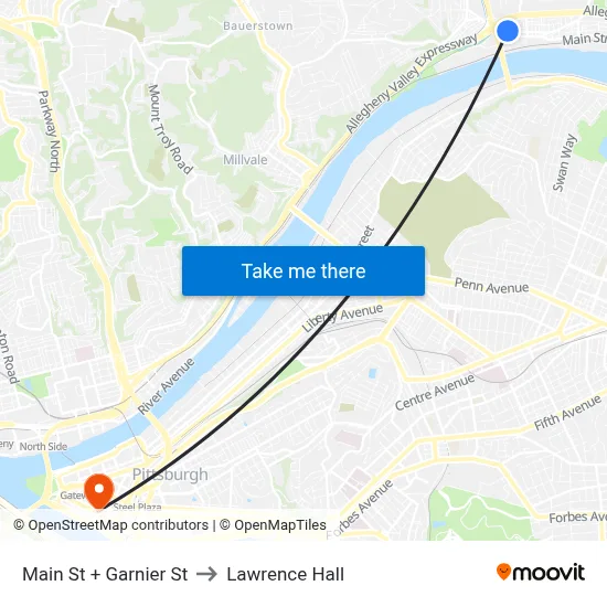 Main St + Garnier St to Lawrence Hall map
