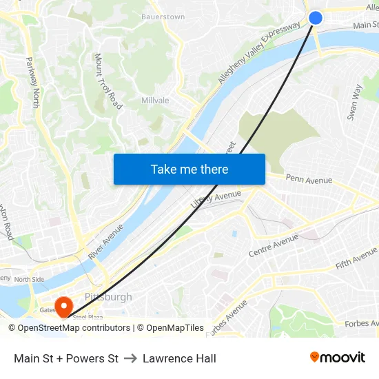 Main St + Powers St to Lawrence Hall map