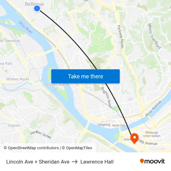 Lincoln Ave + Sheridan Ave to Lawrence Hall map