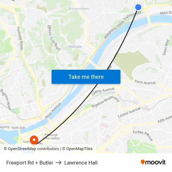Freeport Rd + Butler to Lawrence Hall map
