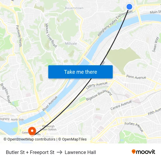 Butler St + Freeport St to Lawrence Hall map