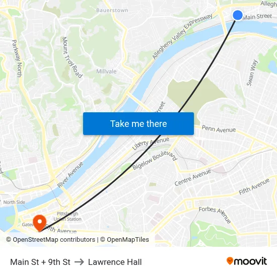 Main St + 9th St to Lawrence Hall map