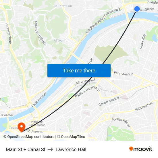 Main St + Canal St to Lawrence Hall map