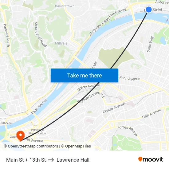 Main St + 13th St to Lawrence Hall map