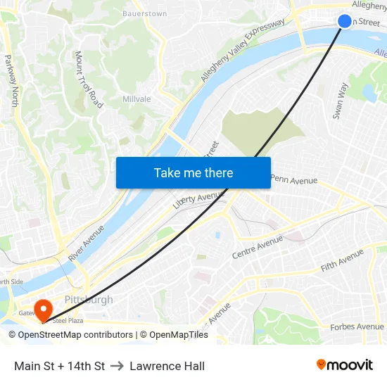 Main St + 14th St to Lawrence Hall map