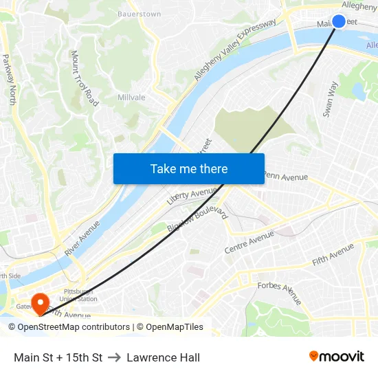 Main St + 15th St to Lawrence Hall map