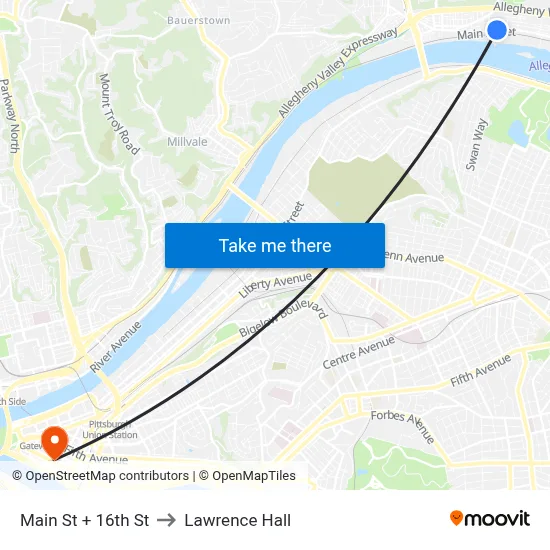 Main St + 16th St to Lawrence Hall map