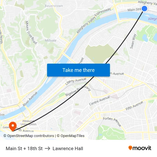 Main St + 18th St to Lawrence Hall map