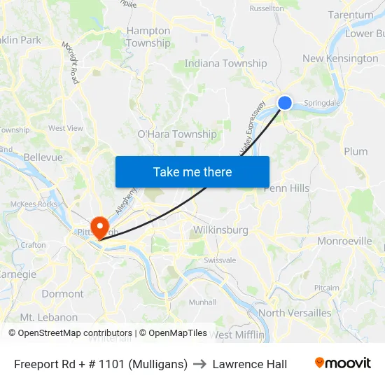 Freeport Rd + # 1101 (Mulligans) to Lawrence Hall map