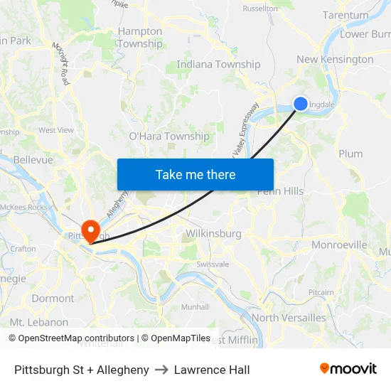 Pittsburgh St + Allegheny to Lawrence Hall map