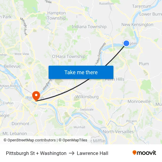 Pittsburgh St + Washington to Lawrence Hall map