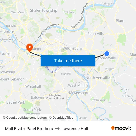 Mall Blvd + Patel Brothers to Lawrence Hall map