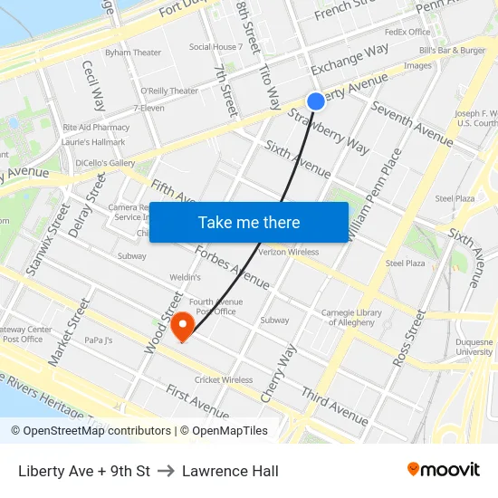 Liberty Ave + 9th St to Lawrence Hall map