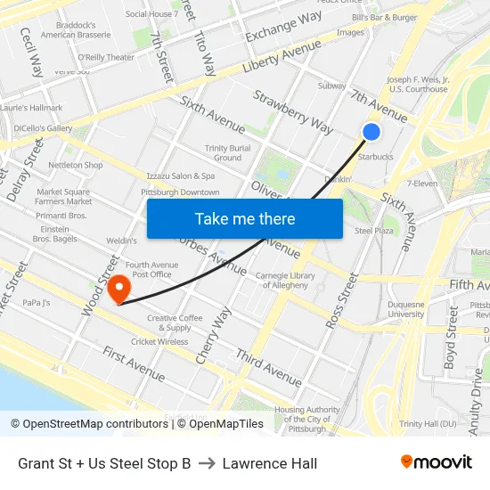 Grant St + Us Steel Stop B to Lawrence Hall map