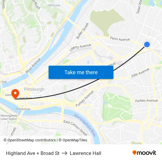 Highland Ave + Broad St to Lawrence Hall map