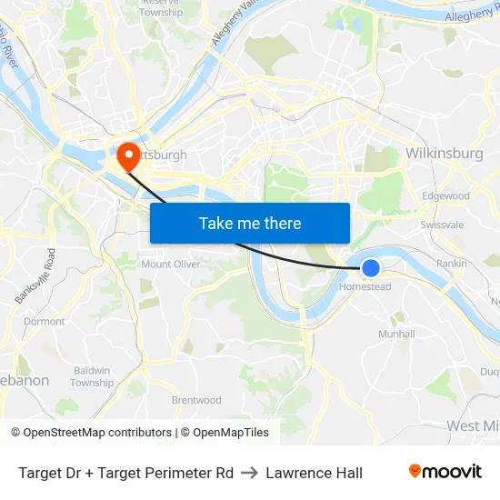 Target Dr + Target Perimeter Rd to Lawrence Hall map