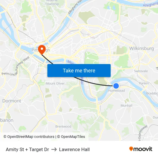 Amity St + Target Dr to Lawrence Hall map