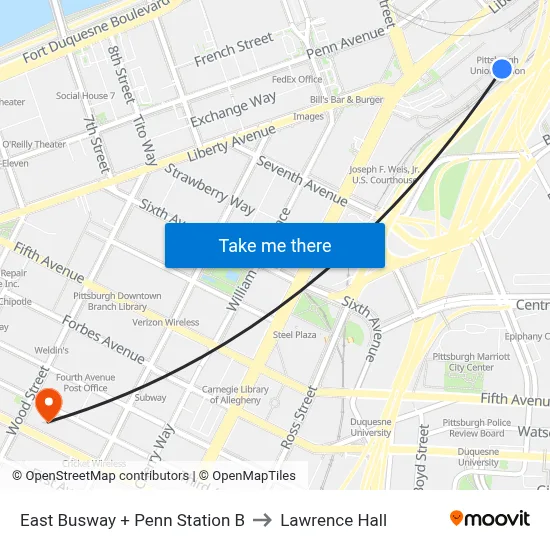 East Busway + Penn Station B to Lawrence Hall map