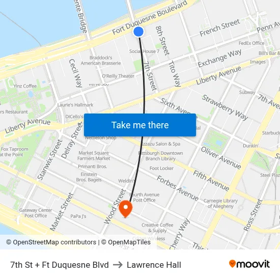 7th St + Ft Duquesne Blvd to Lawrence Hall map