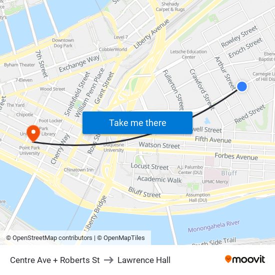 Centre Ave + Roberts St to Lawrence Hall map