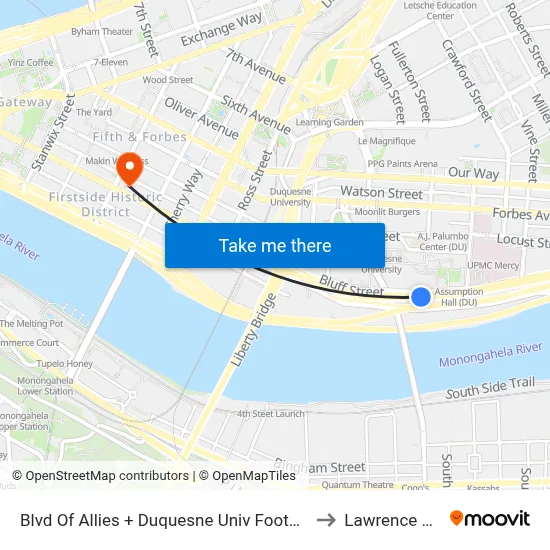 Blvd Of Allies + Duquesne Univ Footbridge to Lawrence Hall map