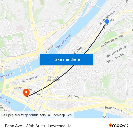 Penn Ave + 30th St to Lawrence Hall map