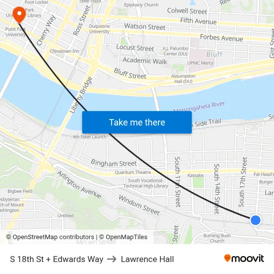 S 18th St + Edwards Way to Lawrence Hall map