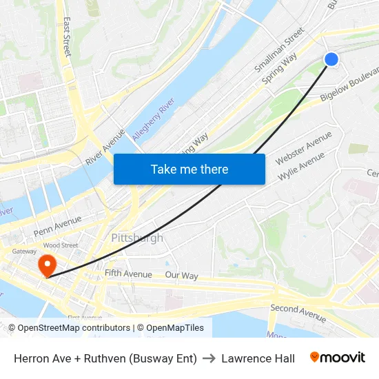 Herron Ave + Ruthven (Busway Ent) to Lawrence Hall map