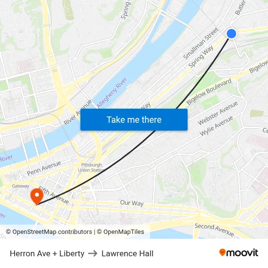 Herron Ave + Liberty to Lawrence Hall map