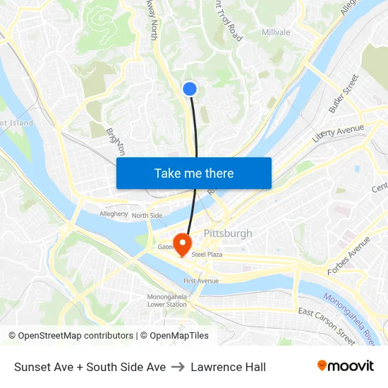 Sunset Ave + South Side Ave to Lawrence Hall map