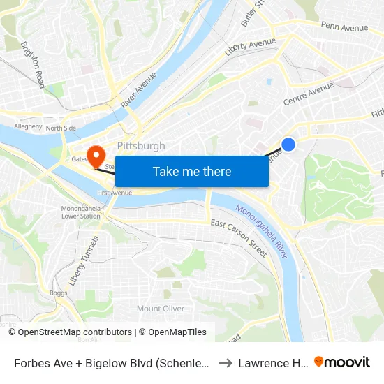 Forbes Ave + Bigelow Blvd (Schenley Dr) to Lawrence Hall map