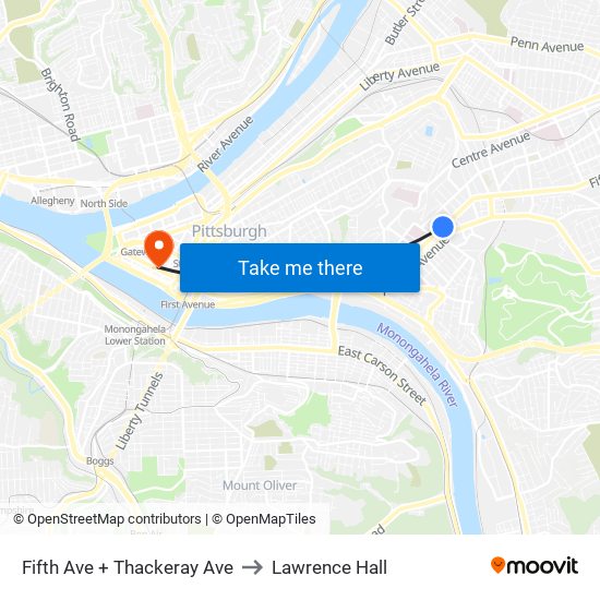 Fifth Ave + Thackeray Ave to Lawrence Hall map