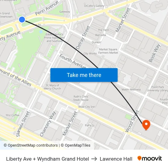 Liberty Ave + Wyndham Grand Hotel to Lawrence Hall map