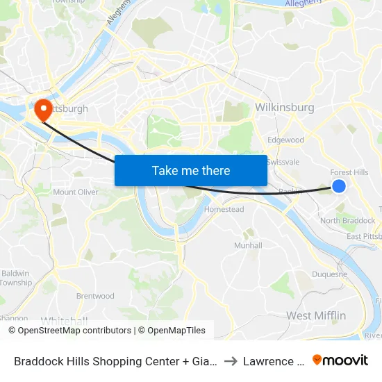 Braddock Hills Shopping Center + Giant Eagle to Lawrence Hall map
