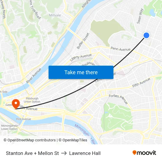 Stanton Ave + Mellon St to Lawrence Hall map