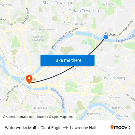 Waterworks Mall + Giant Eagle to Lawrence Hall map