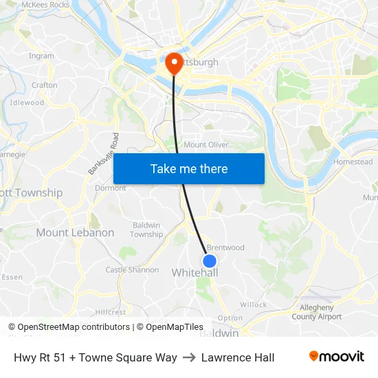Hwy Rt 51 + Towne Square Way to Lawrence Hall map